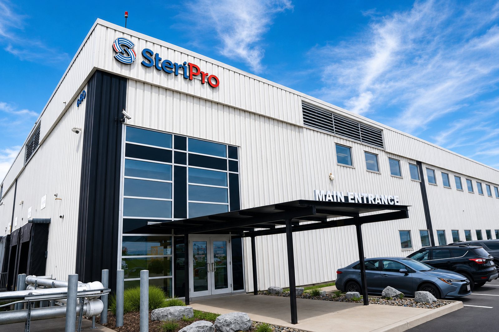 Main entrance of the SteriPro centralized reprocessing facility with rooftop SteriPro signage